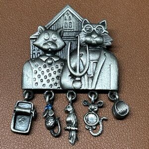 AJC Pewter Cat Couple Brooch with Charms signed